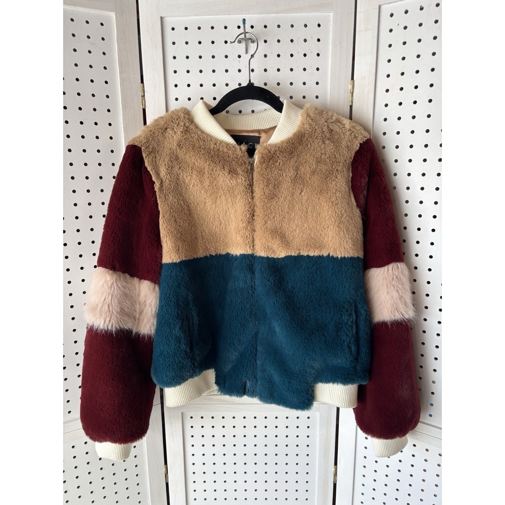 Shaci Faux Fur Plush Zip Colorblock Jacket Coat Women's Small Lined‎